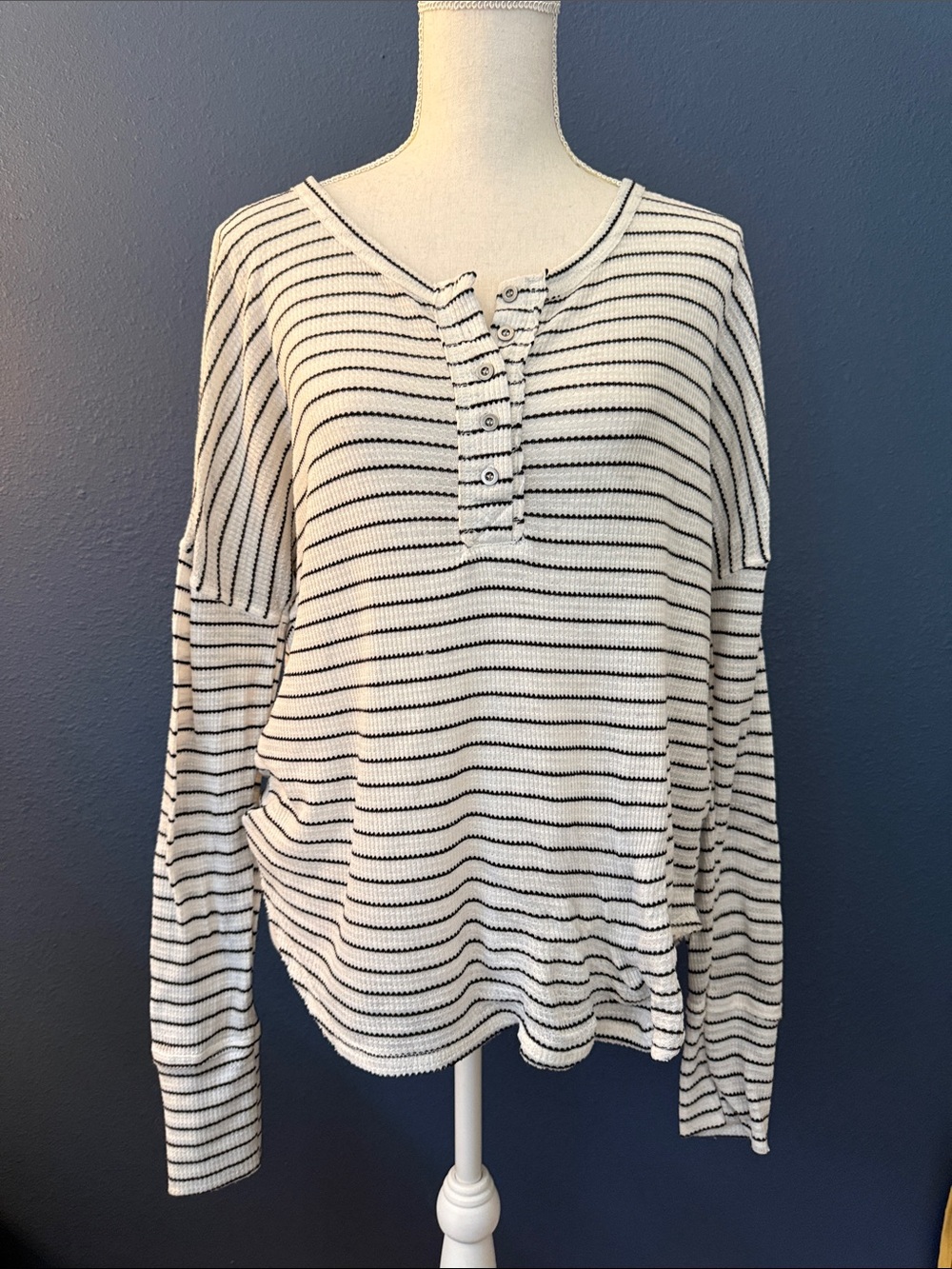 Billabong White and Black Striped Henley Long Sleeve Top
